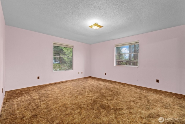empty room with a textured ceiling, plenty of natural light, and carpet floors