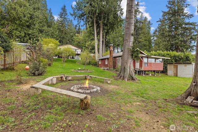 view of yard with a fire pit, an outbuilding, and a storage shed