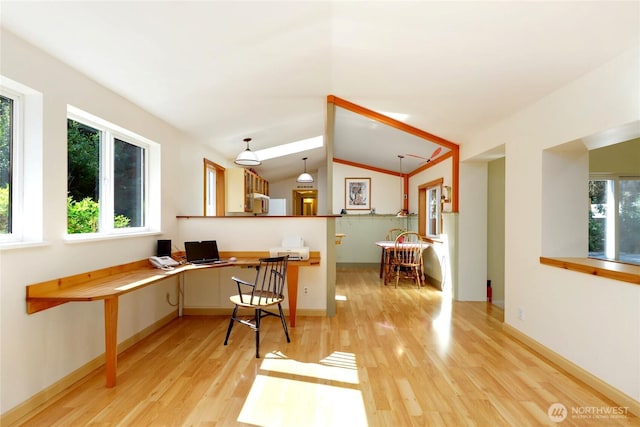 85 Plum Ave, Chimacum, WA 98325 - home office with light wood-type flooring, lofted ceiling, baseboards, and built in study area