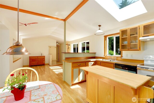 85 Plum Ave, Chimacum, WA 98325 - kitchen with dishwashing machine, a sink, light wood-type flooring, a peninsula, and butcher block countertops