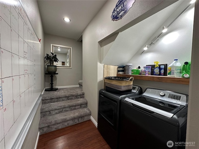 laundry area featuring baseboards, washer and dryer, dark wood-style flooring, laundry area, and recessed lighting