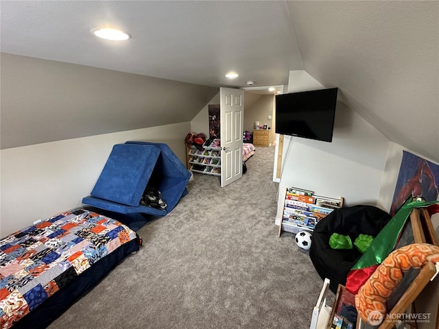 carpeted bedroom featuring lofted ceiling and recessed lighting