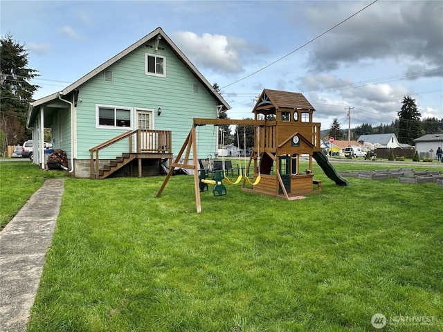 rear view of property with a playground and a lawn
