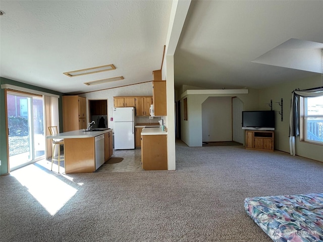 700 Pearl Hill Rd, Bridgeport, WA 98813 - kitchen with white appliances, vaulted ceiling, a sink, light countertops, and open floor plan