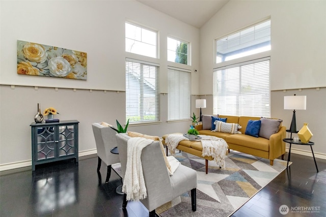 19204 Evergreen Dr, Bonney Lake, WA 98391 - living room with wood finished floors, high vaulted ceiling, and baseboards