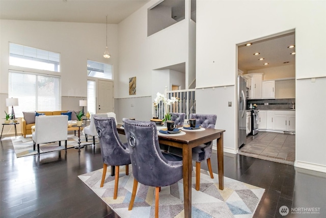 19204 Evergreen Dr, Bonney Lake, WA 98391 - dining area featuring high vaulted ceiling, recessed lighting, and dark wood-style flooring