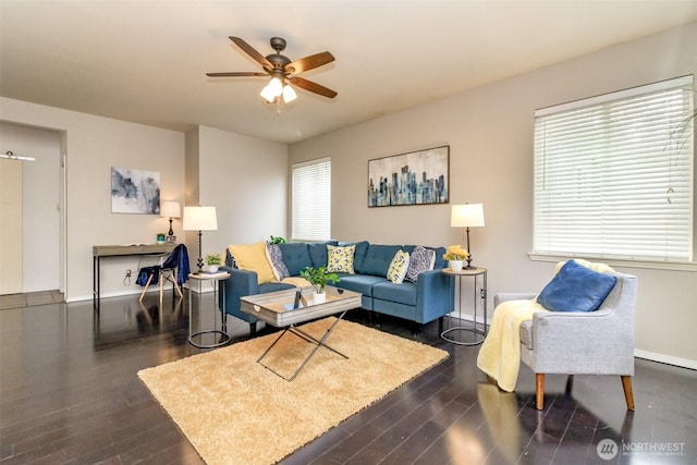19204 Evergreen Dr, Bonney Lake, WA 98391 - living room with baseboards, a ceiling fan, and dark wood finished floors