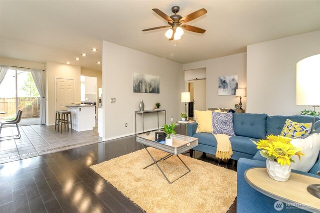 19204 Evergreen Dr, Bonney Lake, WA 98391 - living room with recessed lighting, dark wood-style flooring, baseboards, and a ceiling fan