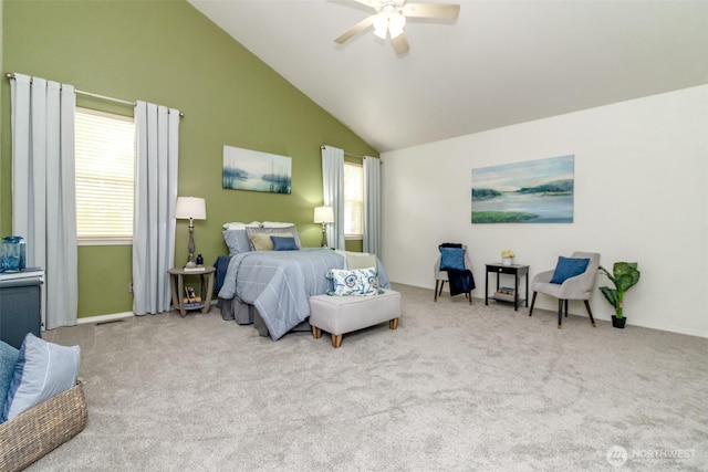 19204 Evergreen Dr, Bonney Lake, WA 98391 - carpeted bedroom with high vaulted ceiling, ceiling fan, and multiple windows