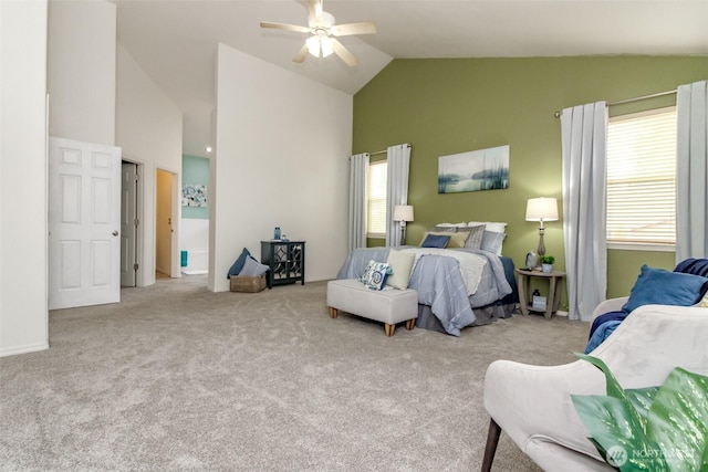 19204 Evergreen Dr, Bonney Lake, WA 98391 - carpeted bedroom with high vaulted ceiling and ceiling fan