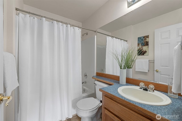 full bathroom with toilet, shower / tub combo, and vanity