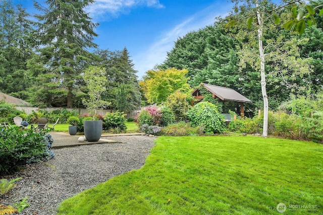 view of yard featuring fence and a patio