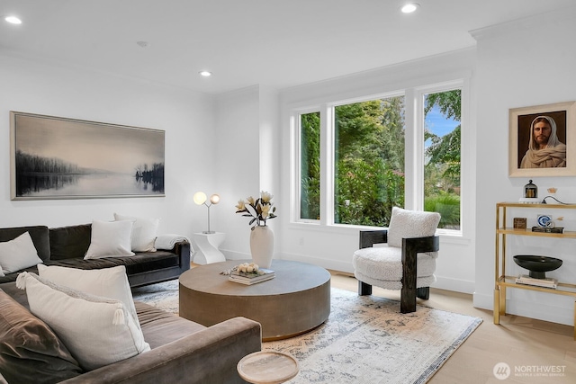 living area featuring light wood-style floors, baseboards, and recessed lighting