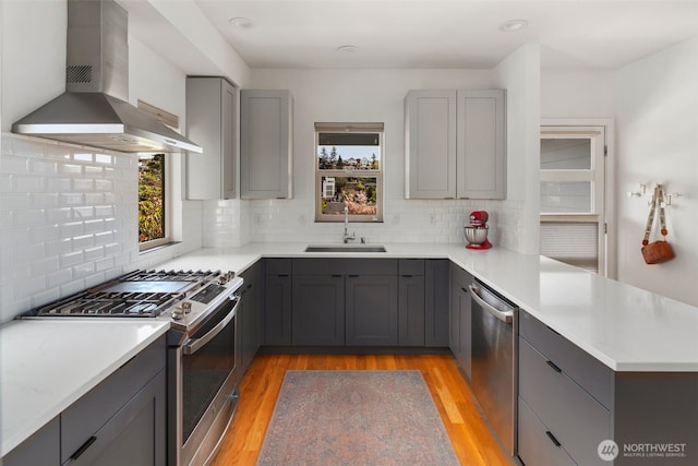 kitchen with a sink, stainless steel appliances, wall chimney range hood, gray cabinets, and healthy amount of natural light