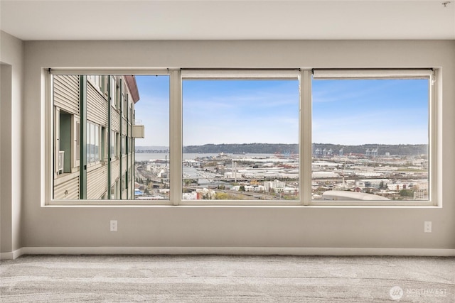 spare room featuring plenty of natural light, carpet flooring, and baseboards
