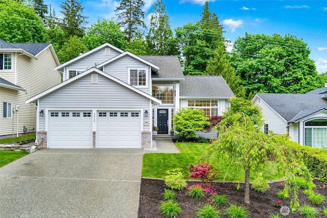 view of front of home featuring driveway, a front lawn, an attached garage, roof with shingles, and brick siding