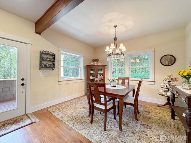 325 Evergreen View Pkwy, Port Angeles, WA 98363 - dining area with a notable chandelier, baseboards, beamed ceiling, and light wood-style flooring