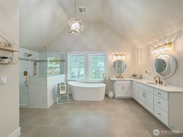 325 Evergreen View Pkwy, Port Angeles, WA 98363 - full bath with a tile shower, a sink, lofted ceiling, and visible vents