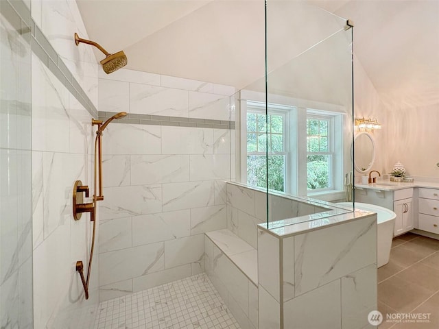 325 Evergreen View Pkwy, Port Angeles, WA 98363 - full bathroom featuring tile patterned flooring, a walk in shower, vanity, and vaulted ceiling
