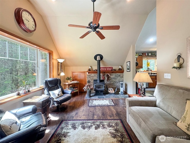 325 Evergreen View Pkwy, Port Angeles, WA 98363 - living room with wood finished floors, ceiling fan, lofted ceiling, and a healthy amount of sunlight