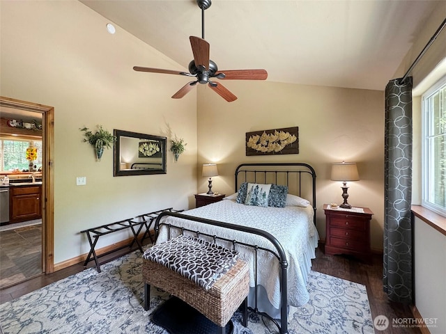 325 Evergreen View Pkwy, Port Angeles, WA 98363 - bedroom with baseboards, a ceiling fan, wood finished floors, and lofted ceiling