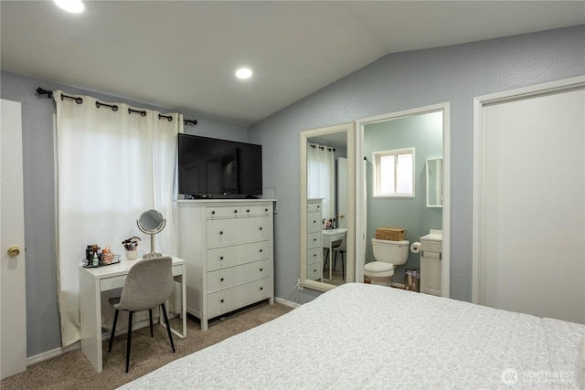 3001 S 288th St Unit 282, Federal Way, WA 98003 - bedroom with baseboards, vaulted ceiling, recessed lighting, connected bathroom, and carpet