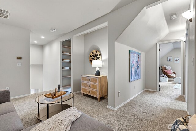 1716 7th St SE, Puyallup, WA 98372 - carpeted living room with recessed lighting, visible vents, baseboards, and lofted ceiling
