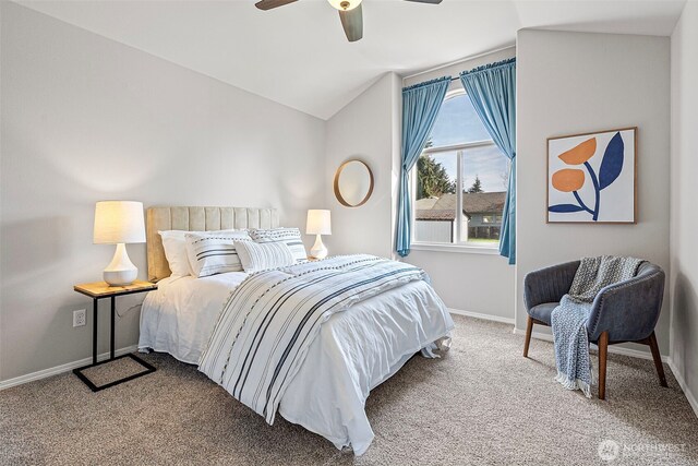 1716 7th St SE, Puyallup, WA 98372 - carpeted bedroom with ceiling fan, baseboards, and vaulted ceiling