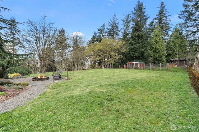 1716 7th St SE, Puyallup, WA 98372 - view of yard featuring a fire pit, an outdoor structure, and fence