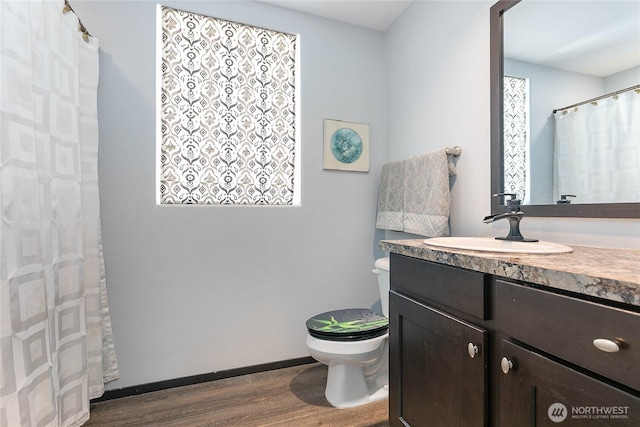 bathroom featuring toilet, a wealth of natural light, wood finished floors, and vanity