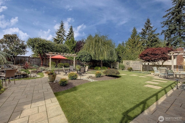 view of yard with a fenced backyard and a patio