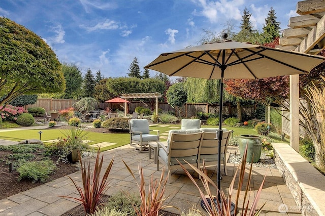view of patio / terrace featuring a fenced backyard and outdoor dining space