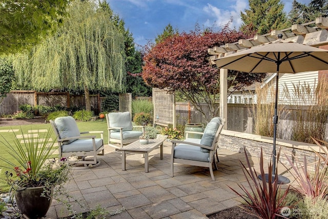 view of patio with a fenced backyard and an outdoor hangout area