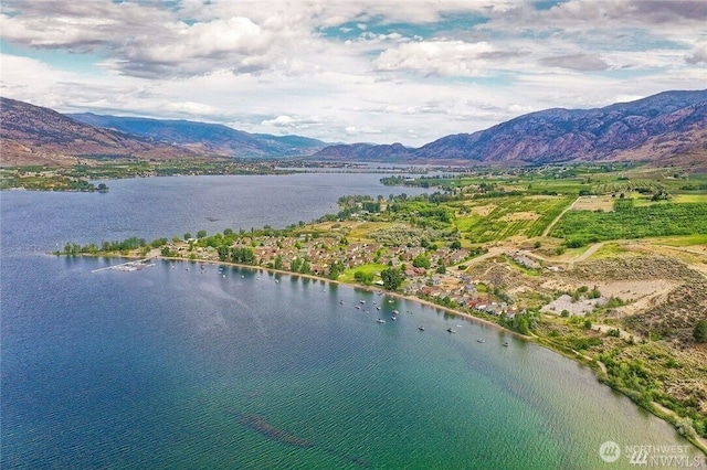 birds eye view of property with a water and mountain view
