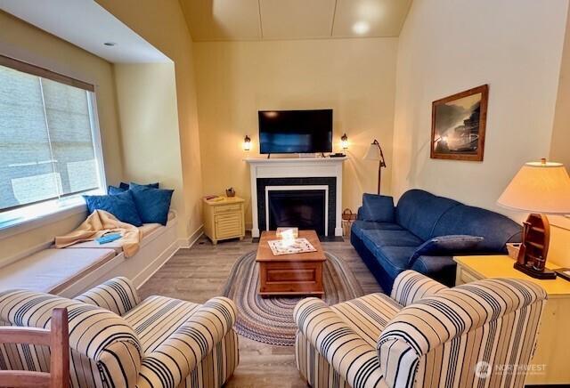 103 Shenanigan Ln, Oroville, WA 98844 - living room featuring baseboards, wood finished floors, and a fireplace