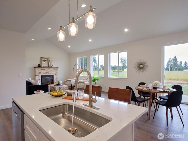 303 Kakela Rd, Winlock, WA 98596 - kitchen featuring a sink, dark wood-style flooring, open floor plan, a stone fireplace, and light stone countertops