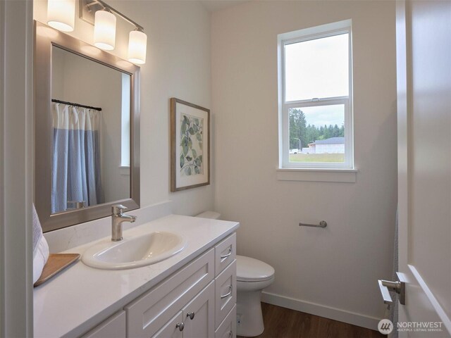 303 Kakela Rd, Winlock, WA 98596 - full bathroom featuring toilet, wood finished floors, vanity, and baseboards
