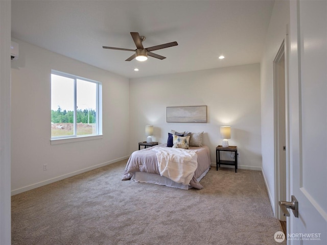 303 Kakela Rd, Winlock, WA 98596 - carpeted bedroom featuring an AC wall unit, recessed lighting, baseboards, and a ceiling fan