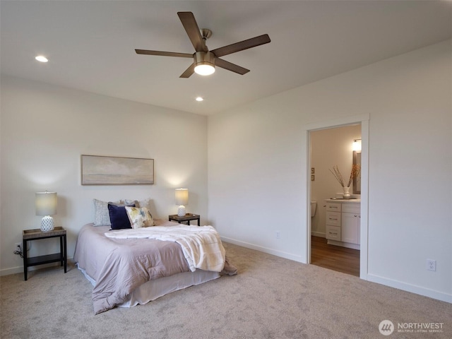 303 Kakela Rd, Winlock, WA 98596 - carpeted bedroom with recessed lighting, baseboards, connected bathroom, and ceiling fan