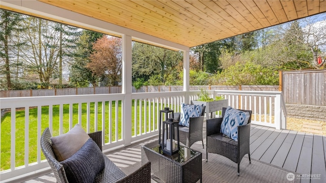wooden deck with a yard and a fenced backyard