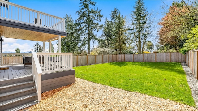 view of yard with a fenced backyard and a wooden deck