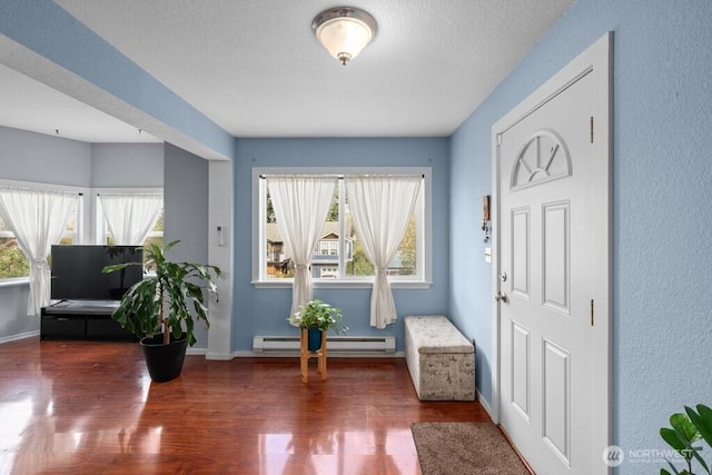 sitting room featuring a baseboard radiator, plenty of natural light, wood finished floors, and baseboards