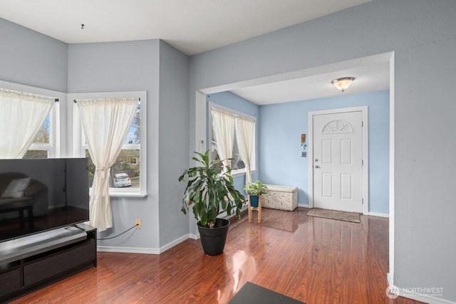 foyer entrance with baseboards, wood finished floors, and a healthy amount of sunlight