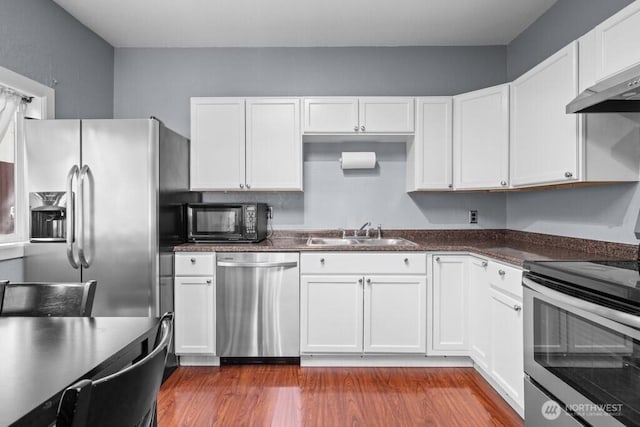 kitchen featuring a sink, white cabinets, dark countertops, and stainless steel appliances