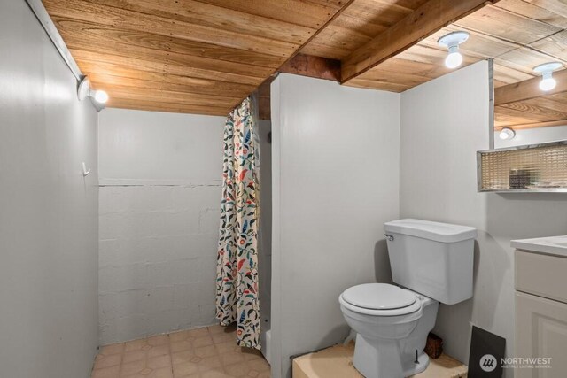 full bath featuring vanity, wooden ceiling, and toilet