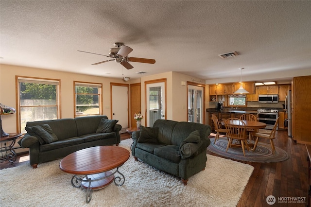 7095 N Wilde Rd, Concrete, WA 98237 - living area featuring dark wood-style floors, a textured ceiling, and a ceiling fan