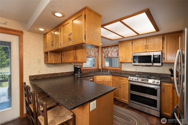 7095 N Wilde Rd, Concrete, WA 98237 - kitchen with appliances with stainless steel finishes, a sink, a peninsula, dark countertops, and dark wood-type flooring
