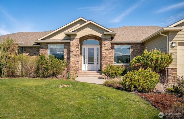 107 Springhill Dr, East Wenatchee, WA 98802 - ranch-style home featuring a garage, a front yard, stone siding, and a shingled roof