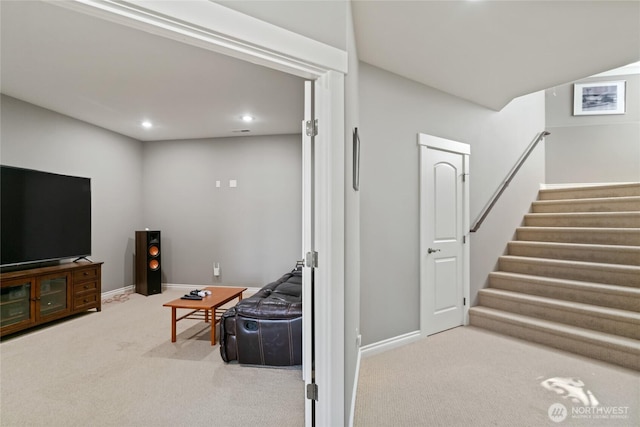 107 Springhill Dr, East Wenatchee, WA 98802 - carpeted living room featuring baseboards, recessed lighting, and stairs