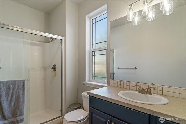 107 Springhill Dr, East Wenatchee, WA 98802 - full bathroom featuring vanity, a stall shower, and toilet